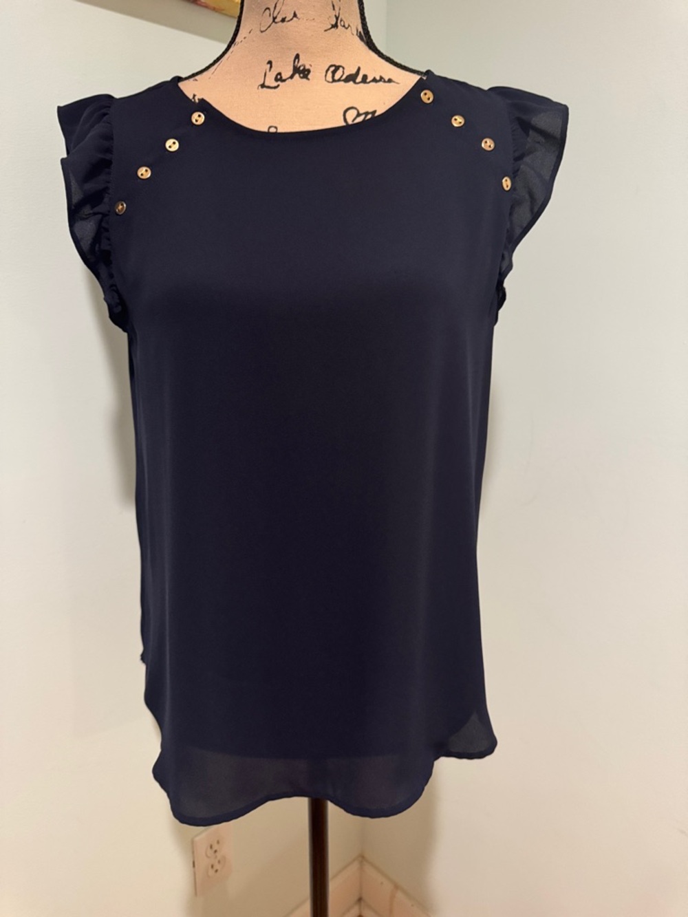 Loft Navy Ruffled Sleeve Button Accent Top size MP